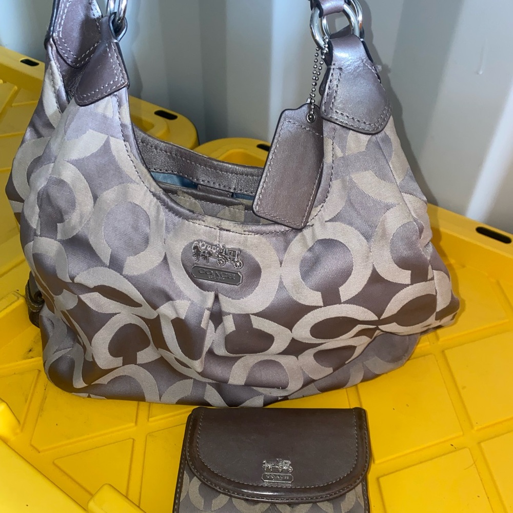 Coach Beige and Brown Signature Shoulder Bag with matching wallet